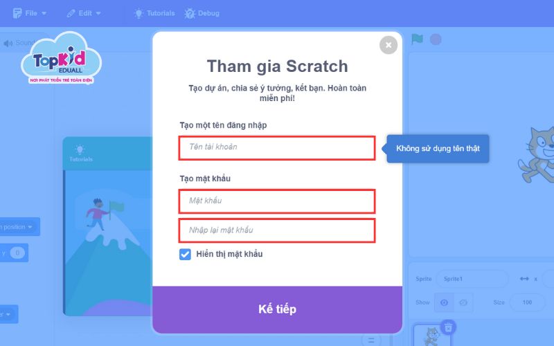 Bước 2: Tạo tài khoản tham gia Scratch