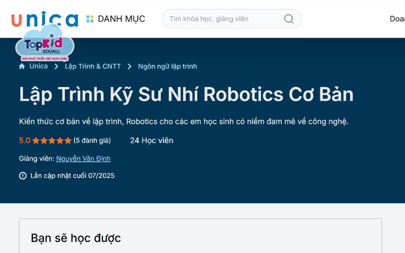 Lớp lập trình Robotics cơ bản tại Unica (Online)