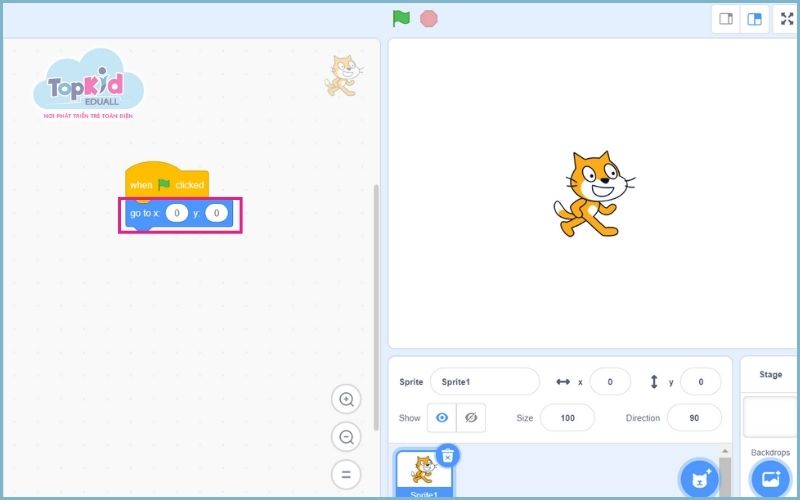 Cách vẽ hình chữ nhật trong Scratch: Kéo khối lệnh go to x: 0 y: 0 từ nhóm Motion