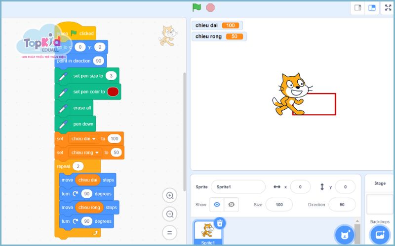 Kết quả của vẽ hình chữ nhật trong Scratch bằng cách tạo biến