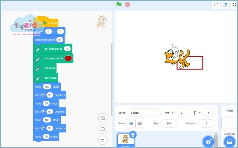 Hoàn thành: Chạy thử chương trình cách vẽ hình chữ nhật trong scratch