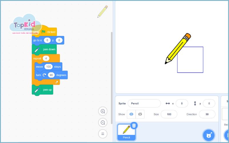Bài tập scratch vẽ hình vuông