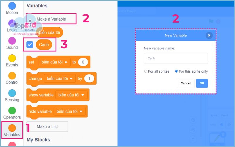 Cách 1: Sử dụng biến "Cạnh" để vẽ hình thoi trong Scratch