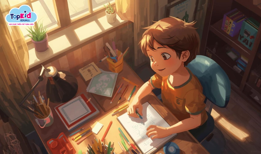 Trẻ 8 tuổi tự giác học tập nhờ được rèn luyện tính độc lập.