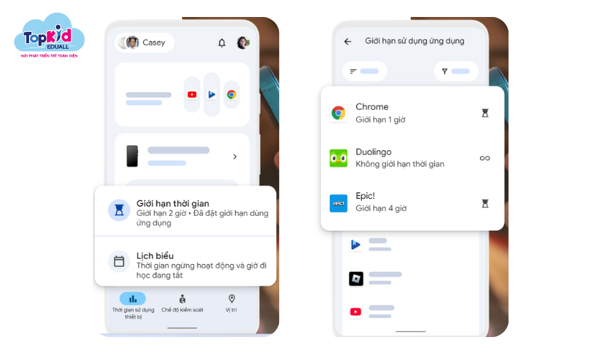 Cài đặt giới hạn thời gian màn hình trên Google Family Link.