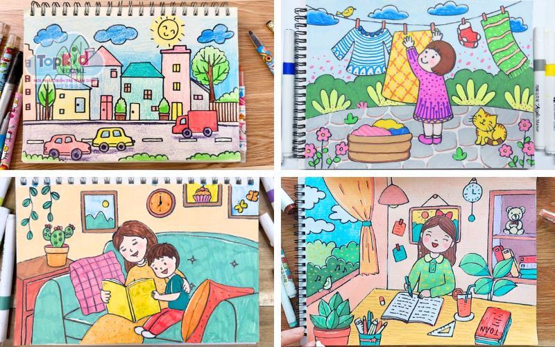 Mẫu tranh vẽ thiếu nhi ngôi nhà & Cuộc sống hàng ngày (15+ Mẫu)