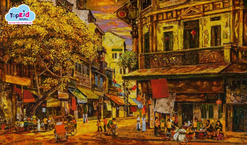 Tác phẩm sơn mài: Mùa thu phố cổ - Họa sĩ: Giáp Văn Tuấn.