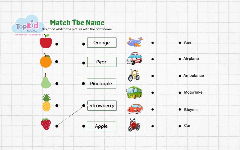 Bài tập từ vựng tiếng Anh lớp 1: Nối từ với hình ảnh (Matching)